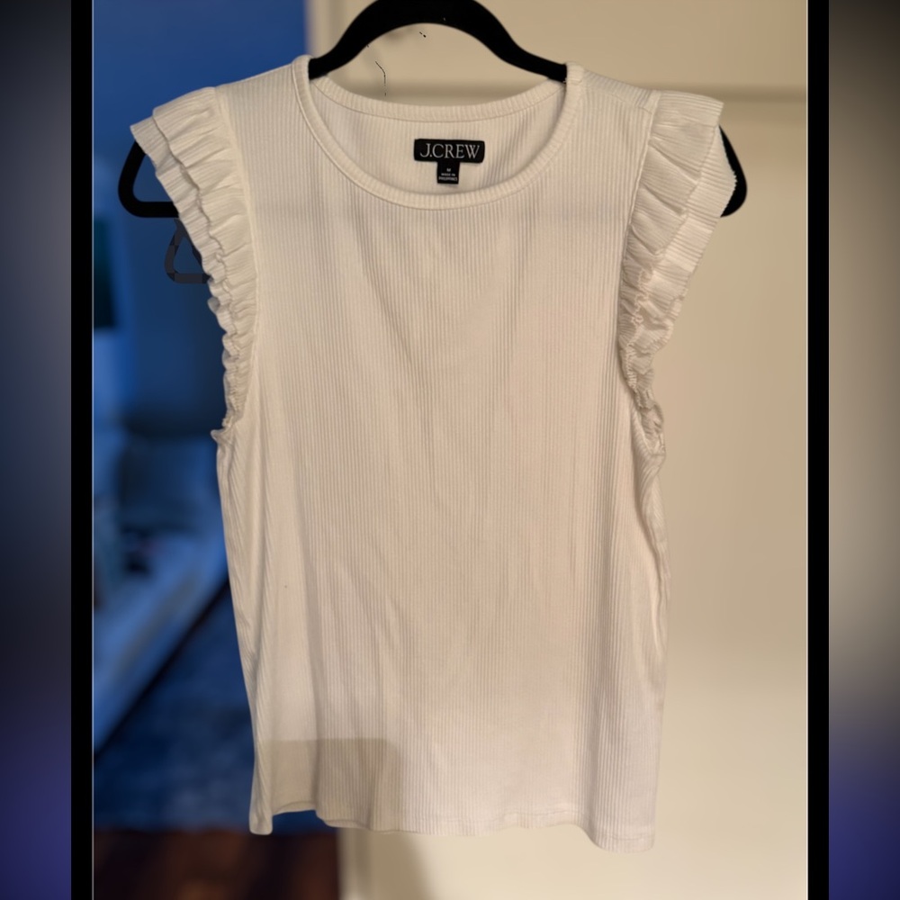 J. Crew White Ruffled Sleeve Ribbed Tank Top